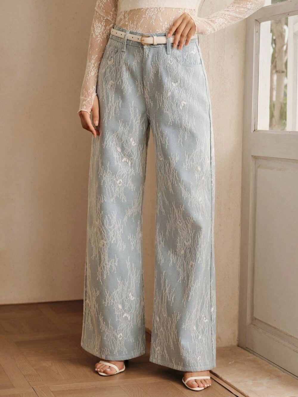 Blue Casual Women's High Waist Wide Leg Lace Denim Jeans - Picture 5 of 6